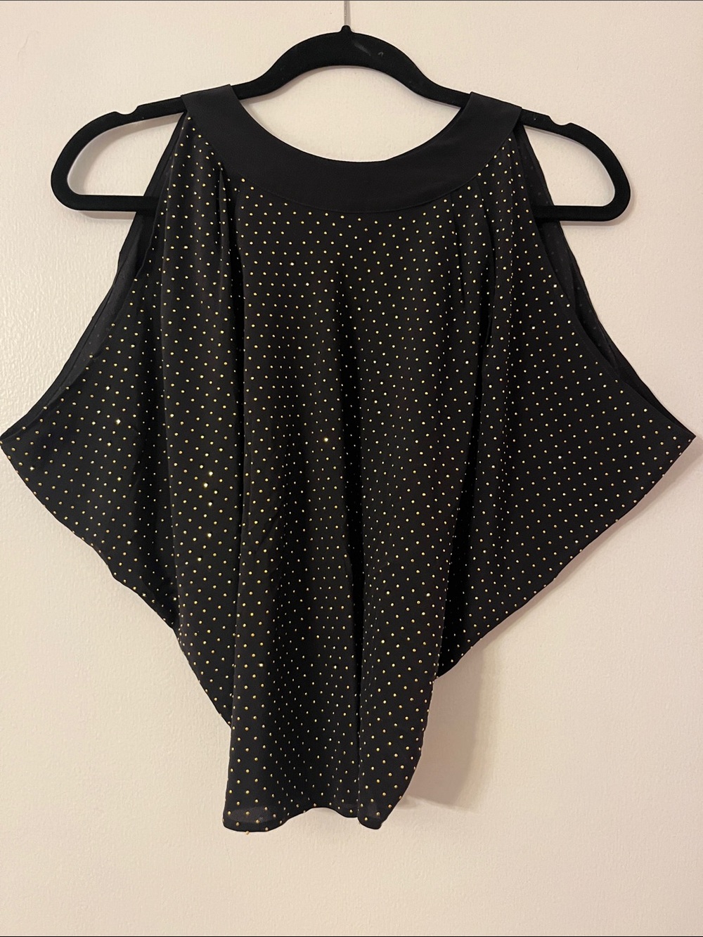 bebe Black Cold-Shoulder Camisole with Gold Dot Print